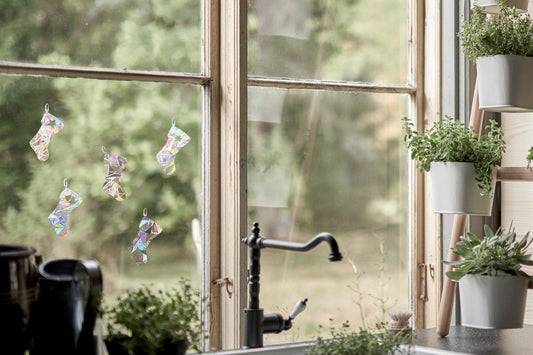 5 christmas stocking suncatchers, christmas window decal, rainbow maker, suncatcher for window, rainbow suncatcher sticker cling