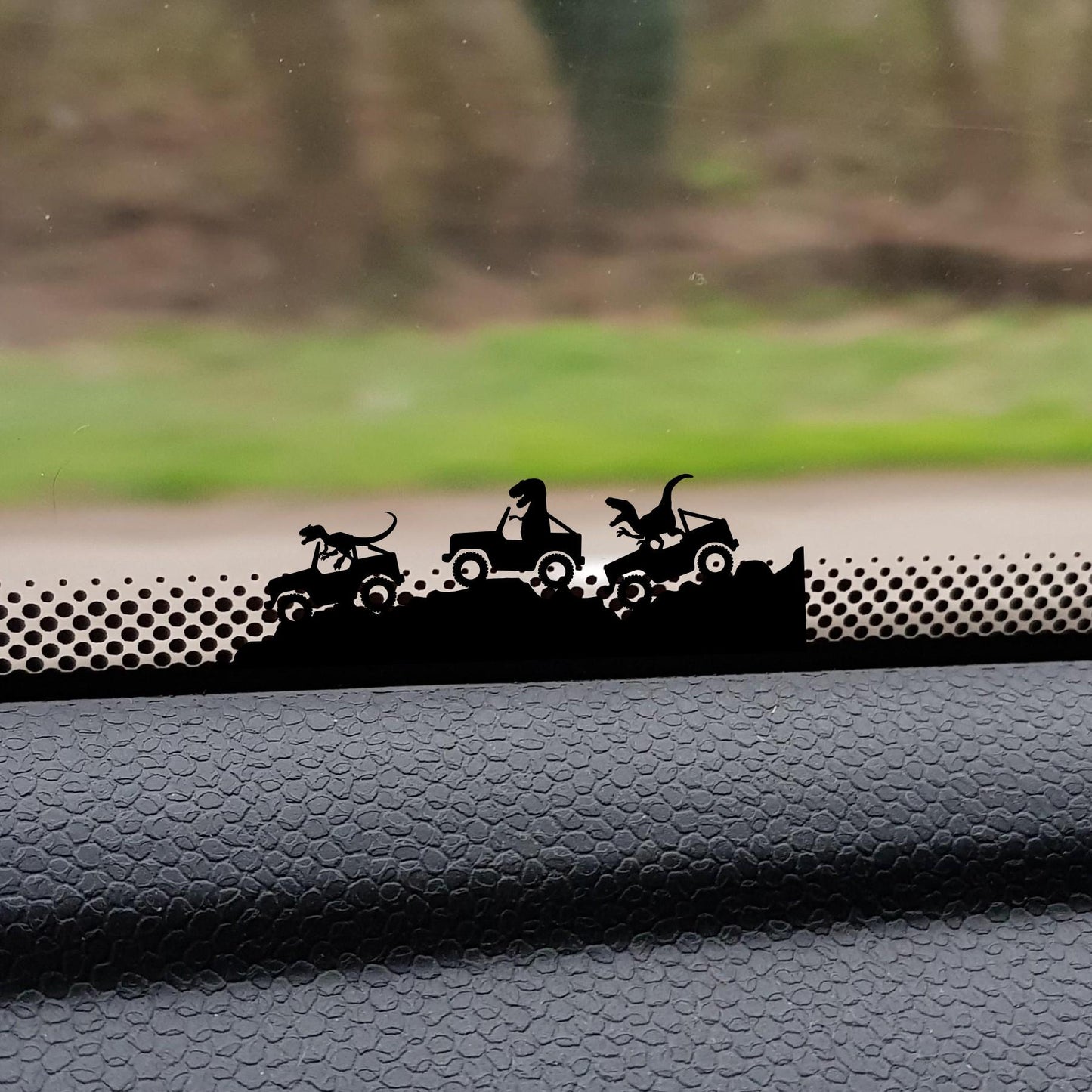 dinosaurs driving suv easter egg decal, small sticker for car windshield or mirror, removable sticker, windscreen decal, tiny hidden decals