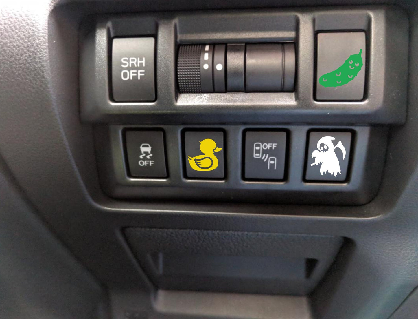 set of 4 blank button stickers, blank button decals, removable sticker for car buttons, dash button stickers duck cat grim reaper pickle