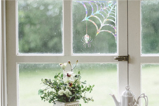 spider with web halloween window corner suncatcher, spider window decal, rainbow maker, suncatcher for window, rainbow sticker window cling
