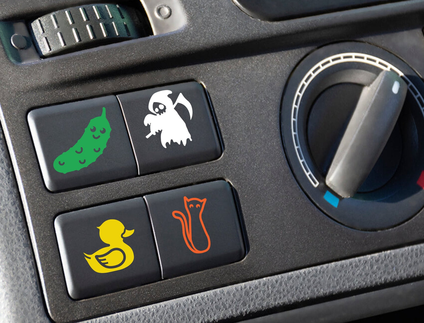set of 4 blank button stickers, blank button decals, removable sticker for car buttons, dash button stickers duck cat grim reaper pickle