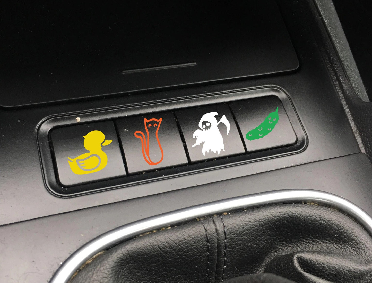 set of 4 blank button stickers, blank button decals, removable sticker for car buttons, dash button stickers duck cat grim reaper pickle