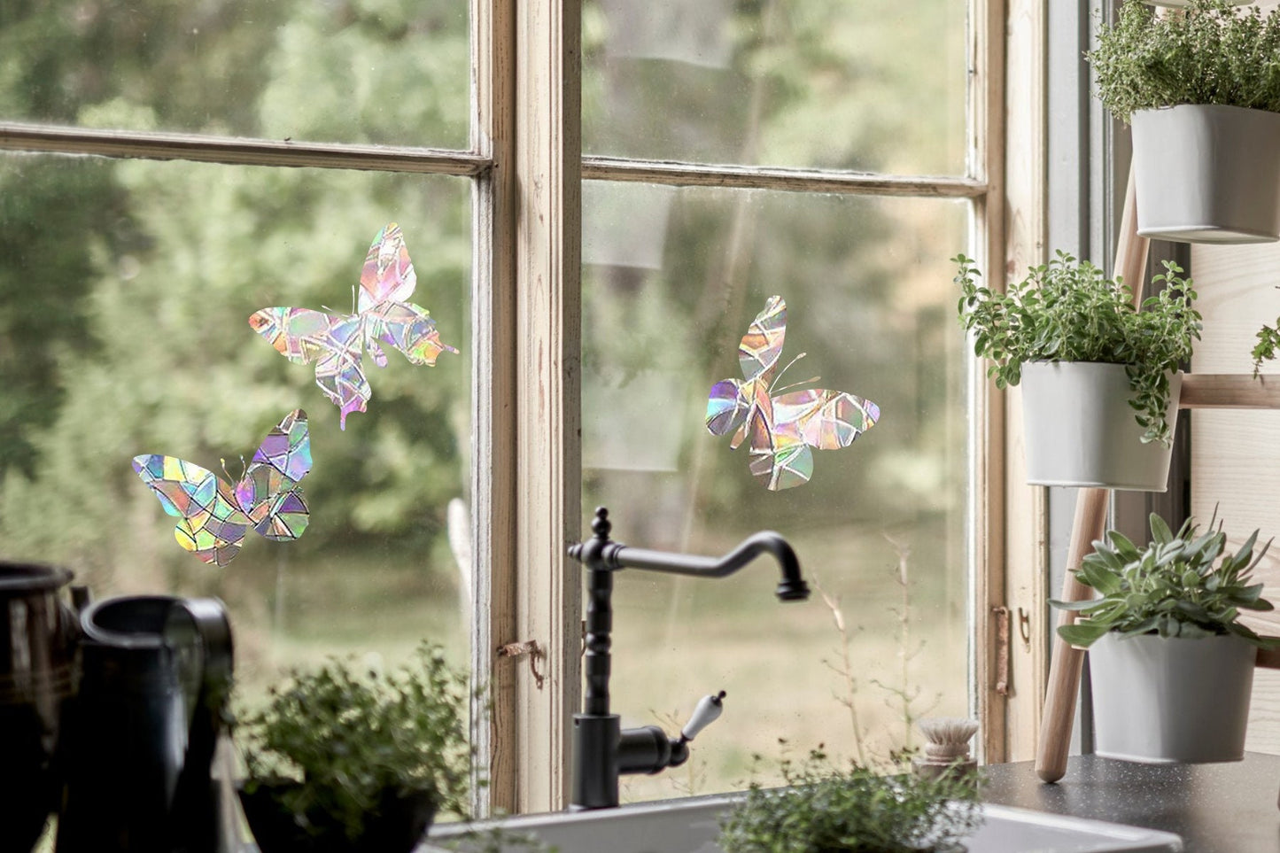 3 butterfly suncatchers, butterfly window decal, rainbow maker, suncatcher for window, rainbow suncatcher sticker, plants window cling