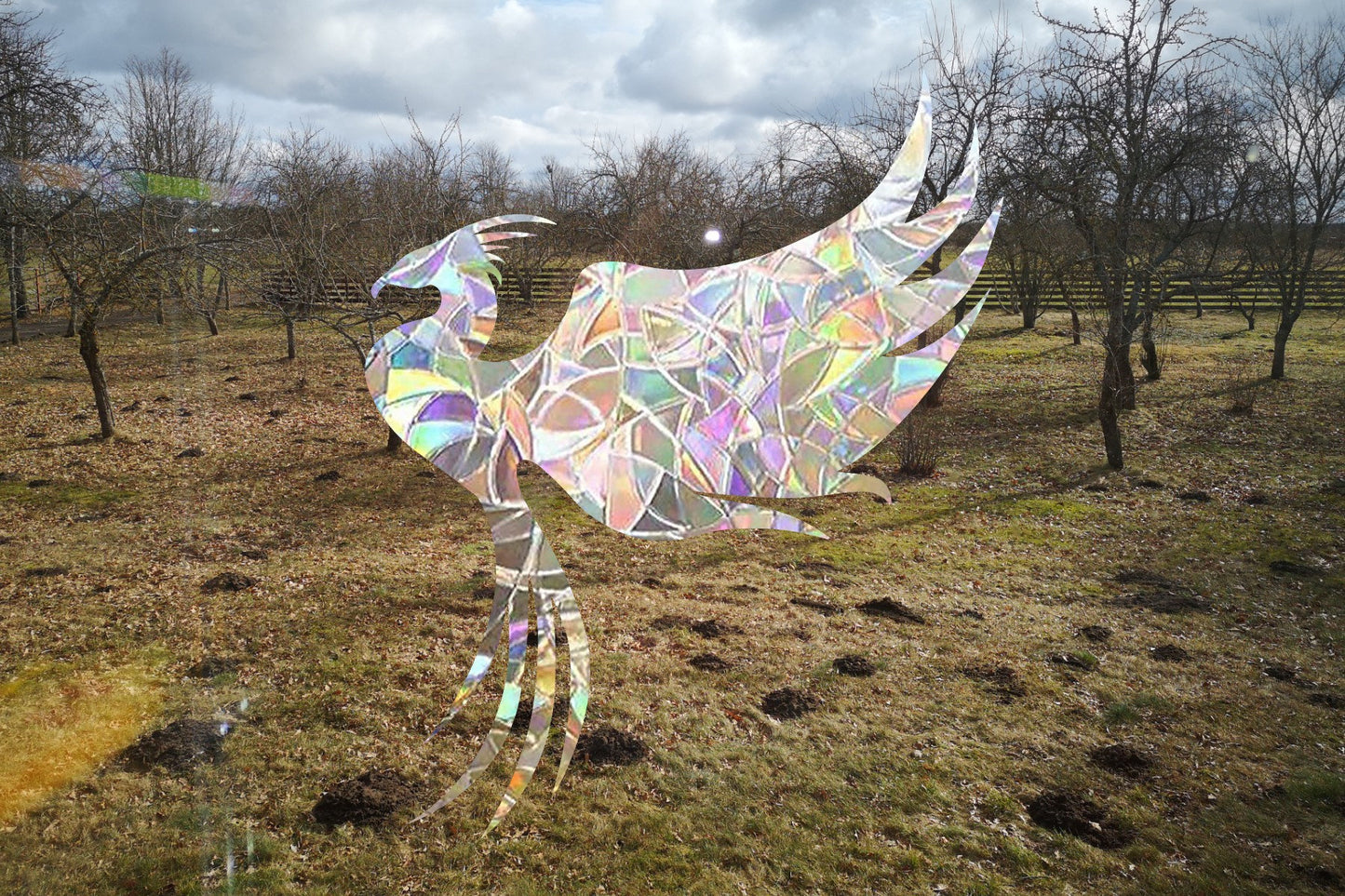 suncatcher sticker in a shape of phoenix bird, electrostatic cling, rainbow maker for windows